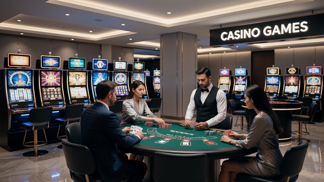 Digitale Casino-Oberfläche mit verschiedenen Spielen wie Slots und Tischspielen auf einem Bildschirm