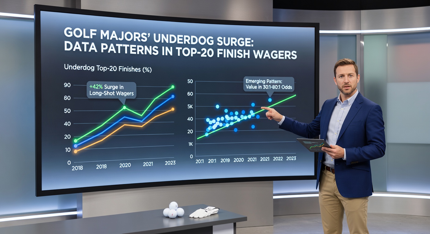 Datenvisualisierung mit Graphen zu Top-20-Finishes von Underdogs in Golf-Majors, inklusive Balkendiagrammen zu Quoten und Rundenperformances