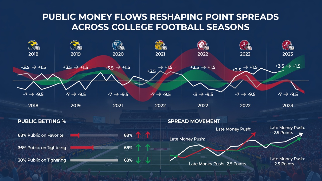Diagramm mit Spread-Bewegungen und öffentlichen Wettvolumina in ausgewählten College-Football-Spielen