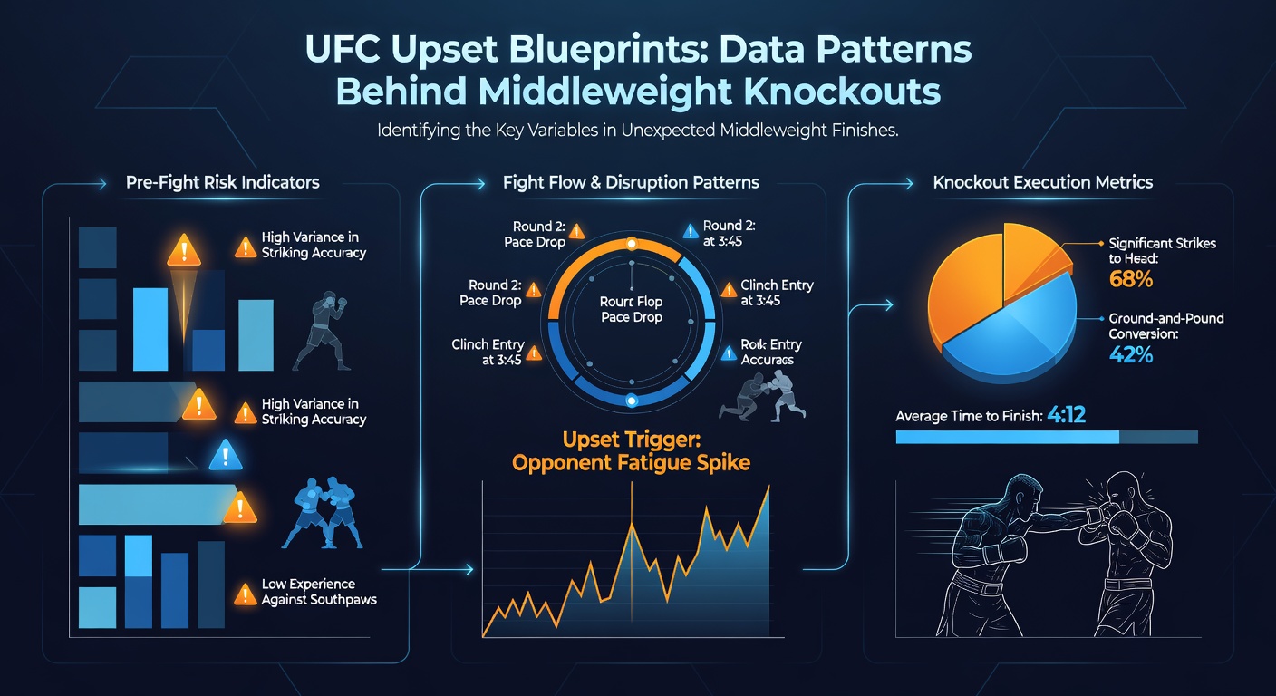Datenvisualisierung mit UFC-Statistiken zu Mittelgewichts-Knockouts, Grafiken zeigen Trefferquoten und Upset-Raten